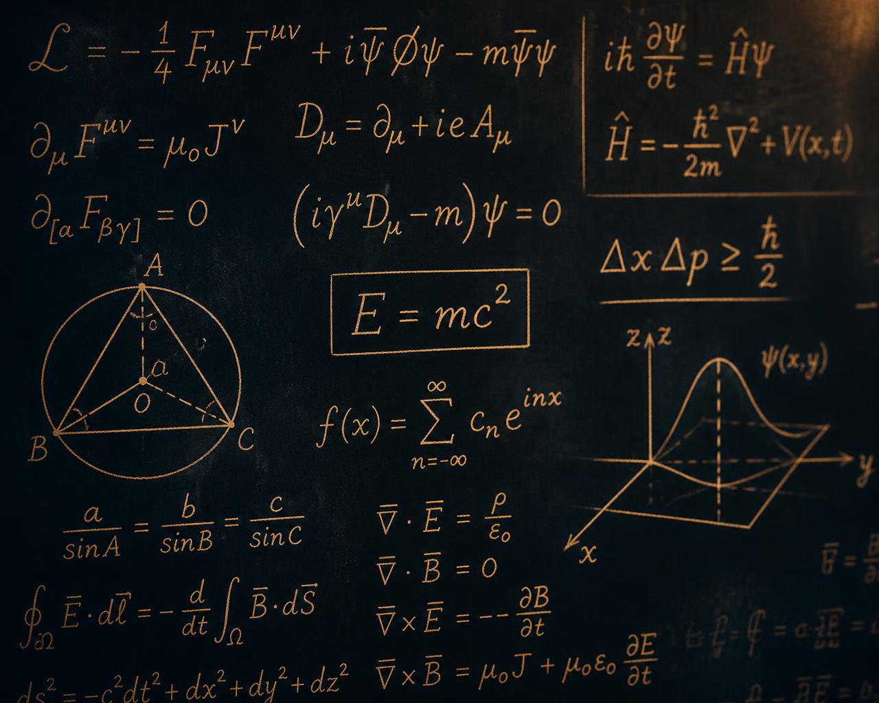 Maths and Physics formulas on a blackboard